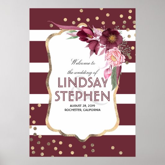 Burgundy Flowers Elegant Gold Stippen Weddenschap  Poster (Voorkant)