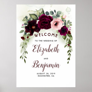 Burgundy Flowers Elegant Wedding Welcome Sign Poster
