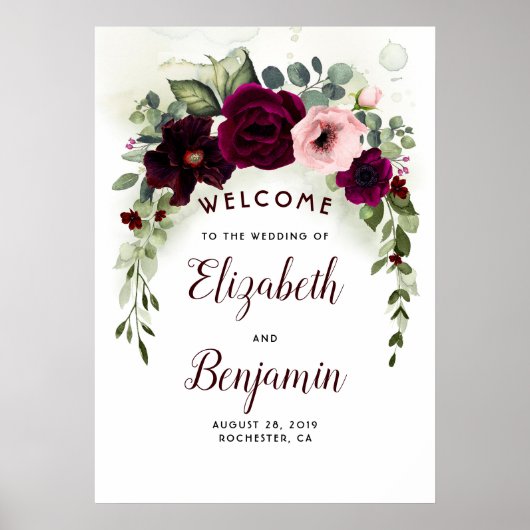 Burgundy Flowers Elegant Wedding Welcome Sign Poster (Voorkant)