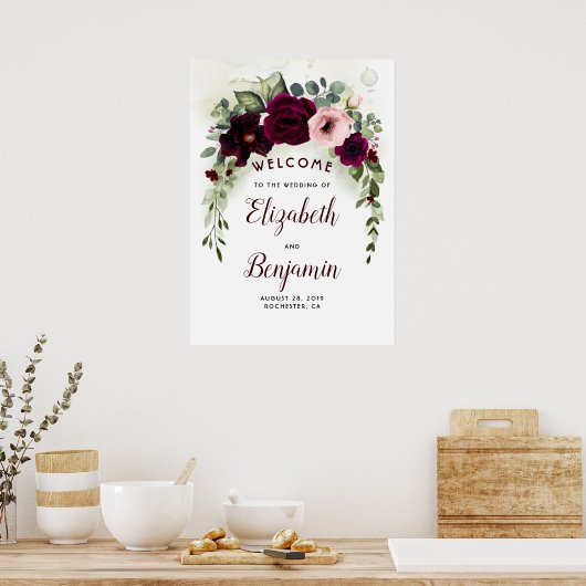 Burgundy Flowers Elegant Wedding Welcome Sign Poster (Keuken)