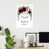 Burgundy Flowers Elegant Wedding Welcome Sign Poster (Thuiskantoor)