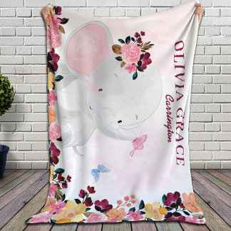 Burgundy Flowers en Cute Elephant Custom Name Sherpa Deken