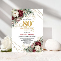 Burgundy Flowers Eucalyptus Gold 80th Birthday