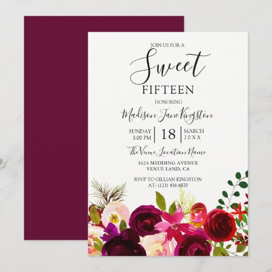 Burgundy Flowers Floral Boho Sweet 15 Kaart (Voorkant / Achterkant)