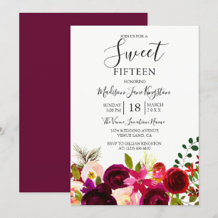 Burgundy Flowers Floral Boho Sweet 15 Kaart