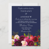 Burgundy Flowers Floral Navy Wedding Invitation Kaart (Voorkant)