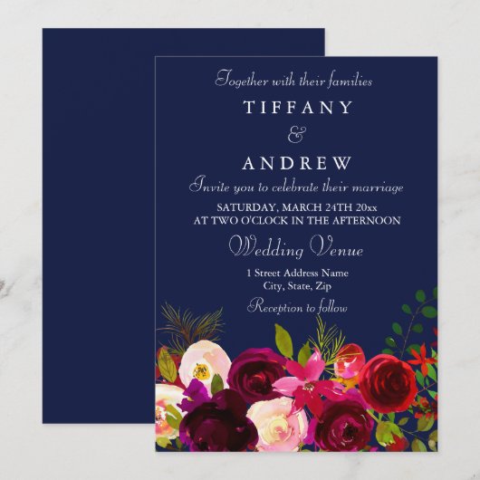 Burgundy Flowers Floral Navy Wedding Invitation Kaart (Voorkant / Achterkant)