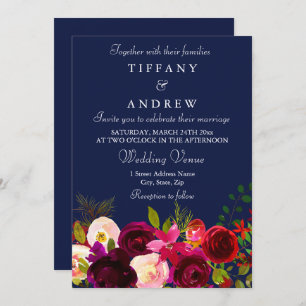 Burgundy Flowers Floral Navy Wedding Invitation Kaart