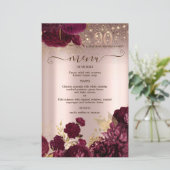 Burgundy Flowers Glitter 90th Birthday Menu Card (Staand voorkant)
