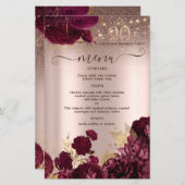 Burgundy Flowers Glitter 90th Birthday Menu Card (Voorkant / Achterkant)