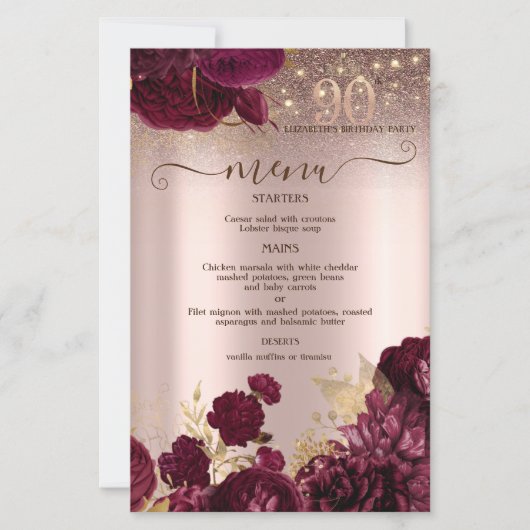 Burgundy Flowers Glitter 90th Birthday Menu Card (Voorkant)