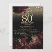 Burgundy Flowers Glitter Black 80th Birthday Kaart (Voorkant)