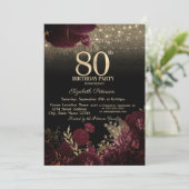 Burgundy Flowers Glitter Black 80th Birthday Kaart (Staand voorkant)