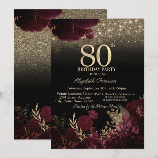 Burgundy Flowers Glitter Black 80th Birthday Kaart (Voorkant / Achterkant)