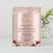 Burgundy Flowers Glitter Border Roos Gold 80th Kaart (Staand voorkant)