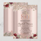 Burgundy Flowers Glitter Border Roos Gold 80th Kaart (Voorkant / Achterkant)