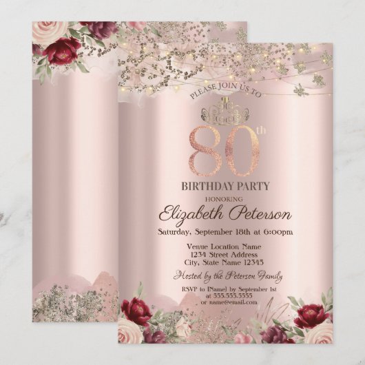 Burgundy Flowers Glitter Border Roos Gold 80th Kaart (Voorkant / Achterkant)