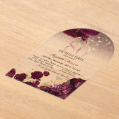 Burgundy Flowers Glitter Roos Gold 80th Birthday Acryl Uitnodigingen (Laagn)