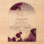 Burgundy Flowers Glitter Roos Gold 80th Birthday Acryl Uitnodigingen<br><div class="desc">Een moderne,  chic en glamoureus uitnodiging met een elegante gouden tiara,  snaarlichten en bloemen.</div>
