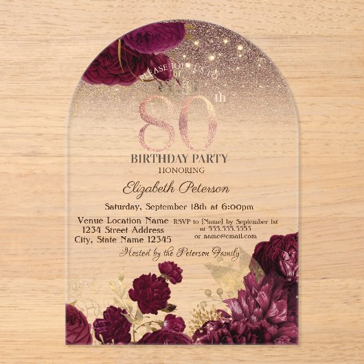 Burgundy Flowers Glitter Roos Gold 80th Birthday Acryl Uitnodigingen (Voorkant)