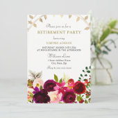 Burgundy Flowers Gold Leaf Retirement Party Kaart (Staand voorkant)