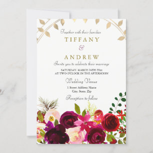 Burgundy Flowers Gold Leaf Wedding nodigen uit Kaart