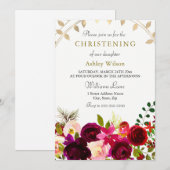 Burgundy Flowers Gold Leaf Wreath Christening Kaart (Voorkant / Achterkant)