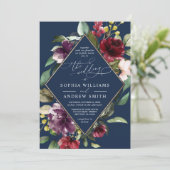 Burgundy Flowers & Gold Lijst Navy Blue Wedding Kaart (Staand voorkant)