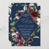 Burgundy Flowers & Gold Lijst Navy Blue Wedding Kaart (Voorkant / Achterkant)