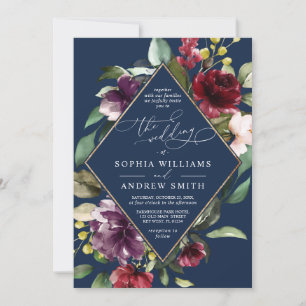Burgundy Flowers & Gold Lijst Navy Blue Wedding Kaart