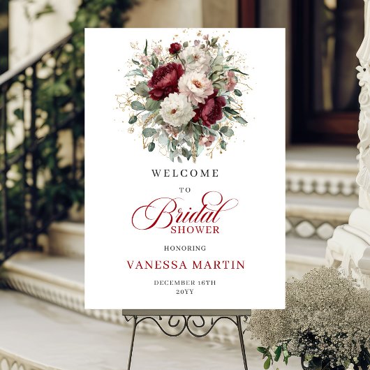 Burgundy Flowers Greenery Gold Bridal Welcome Sign Poster