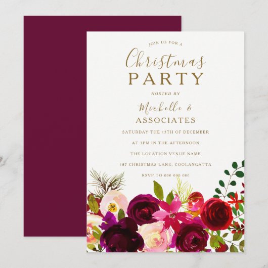 Burgundy Flowers Kantoor Work Kerstparty Kaart (Voorkant / Achterkant)