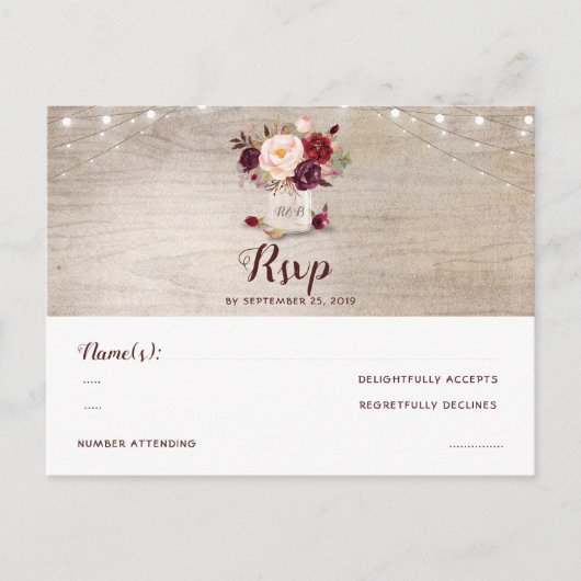 Burgundy Flowers Mason Jar Rustic RSVP Briefkaart (Voorkant)