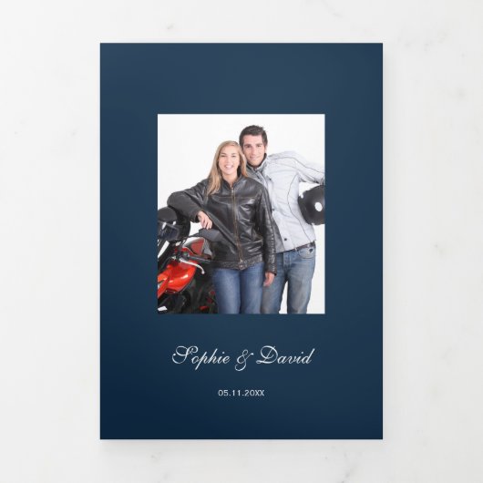 Burgundy Flowers Navy Blue Photo Wedding Drieluik Programma (Cover)