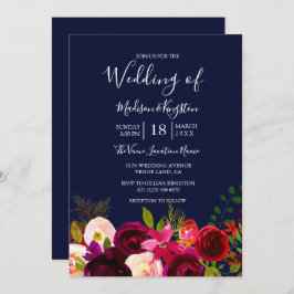 Burgundy Flowers Navy Blue Wedding Invite Kaart