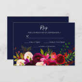 Burgundy Flowers Navy Blue Wedding RSVP (Voorkant / Achterkant)