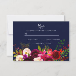 Burgundy Flowers Navy Blue Wedding RSVP