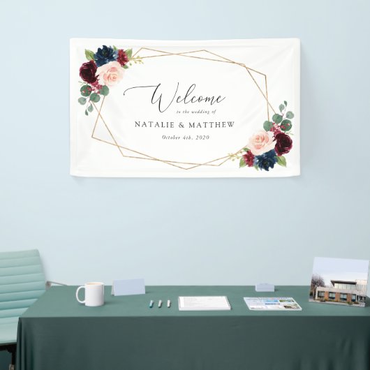 Burgundy Flowers, Navy Flowers, Weddenschap Welkom Spandoek (Beurs)