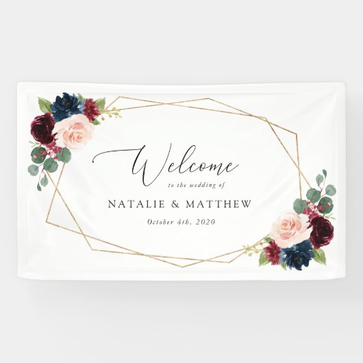 Burgundy Flowers, Navy Flowers, Weddenschap Welkom Spandoek (Horizontaal)