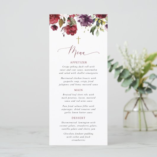 Burgundy Flowers, Pink Flowers, Baptism Menu (Staand voorkant)
