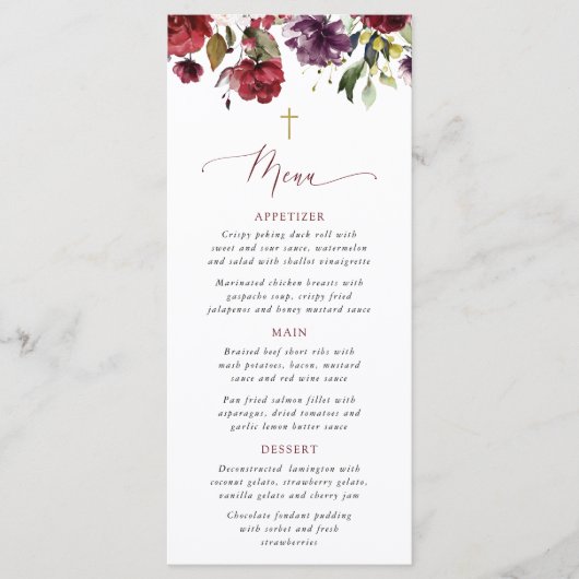 Burgundy Flowers, Pink Flowers, Baptism Menu (Voorkant)