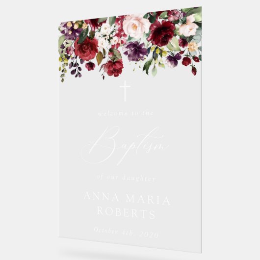 Burgundy Flowers, Pink Flowers, Baptism Welcome Acryl Bord (Hoek)