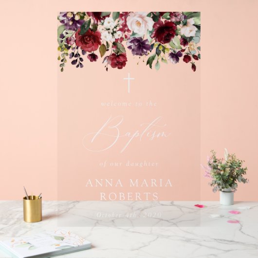 Burgundy Flowers, Pink Flowers, Baptism Welcome Acryl Bord (Huwelijk)