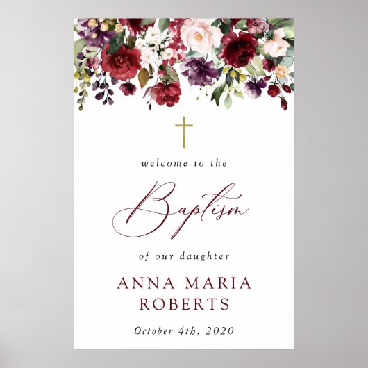 Burgundy Flowers, Pink Flowers, Baptism Welcome Poster (Voorkant)