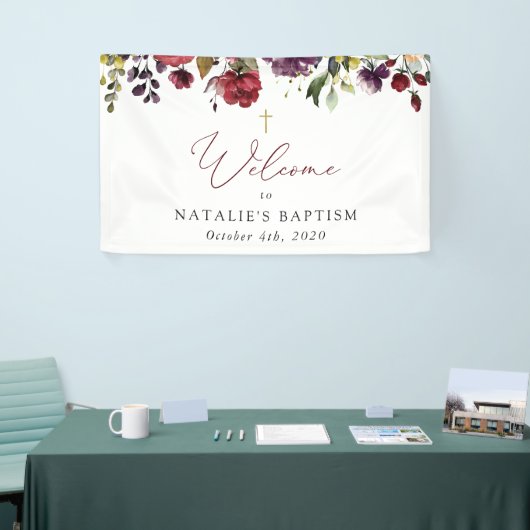 Burgundy Flowers, Pink Flowers, Baptism Welcome Spandoek (Beurs)