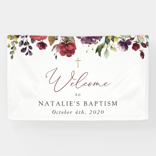 Burgundy Flowers, Pink Flowers, Baptism Welcome Spandoek (Horizontaal)