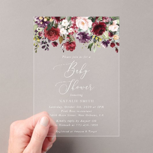 Burgundy Flowers, Pink Flowers, Boho, Baby shower Acryl Uitnodigingen (Insitu (Draagbaar))