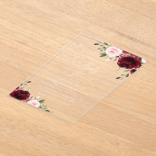 Burgundy Flowers, Pink Flowers, Boho, Baby shower Acryl Uitnodigingen (Laagn)