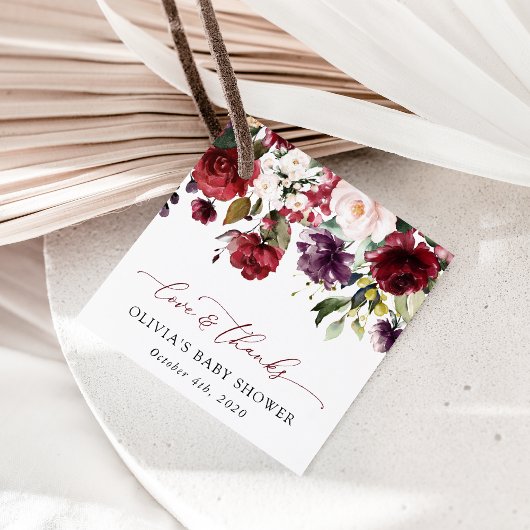 Burgundy Flowers, Pink Flowers, Boho, Baby shower Bedankjes Labels