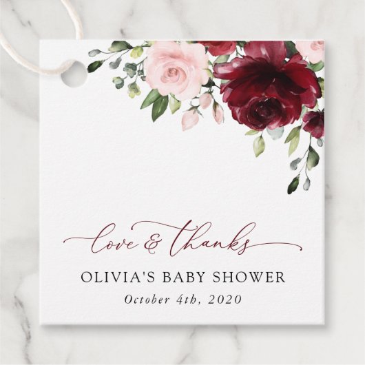 Burgundy Flowers, Pink Flowers, Boho, Baby shower Bedankjes Labels (Voorkant)